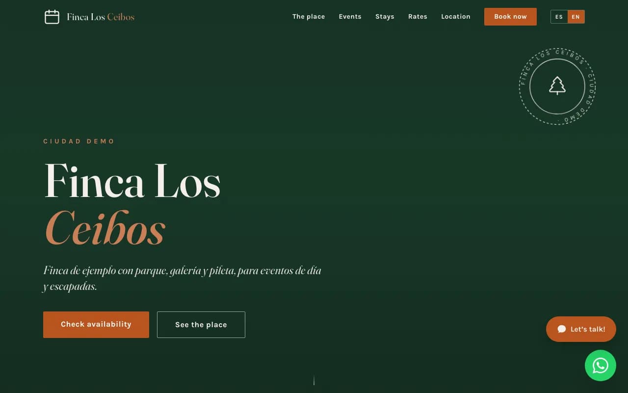 Página de inicio de la demo, un espacio de ejemplo