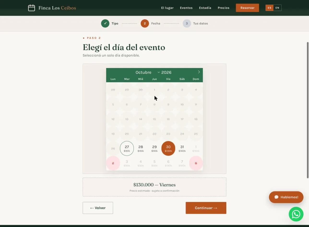 Paso 2: calendario con disponibilidad y el precio de cada día